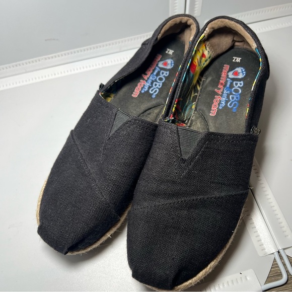Bobs Skechers Shoes Womens 7 Espadrille Slip On Wedge Heels 34101 Black Canvas - Picture 1 of 10